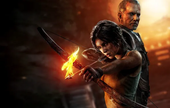 Огонь, игра, лук, стрела, game, Лара Крофт, tomb raider, Lara Croft