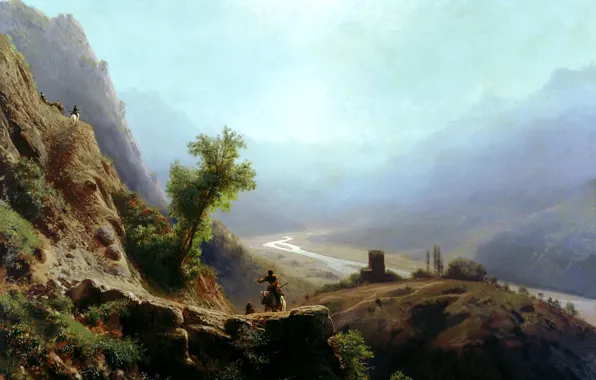Картинка небо, река, камни, лошадь, тропа, картина, долина, дымка