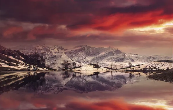 Landscape, Mountain, reflection, sunlight, Fire Pond