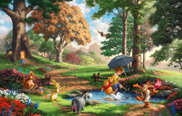 Картинка лес, деревья, цветы, поляна, игрушки, Кролик, арт, Винни-Пух
