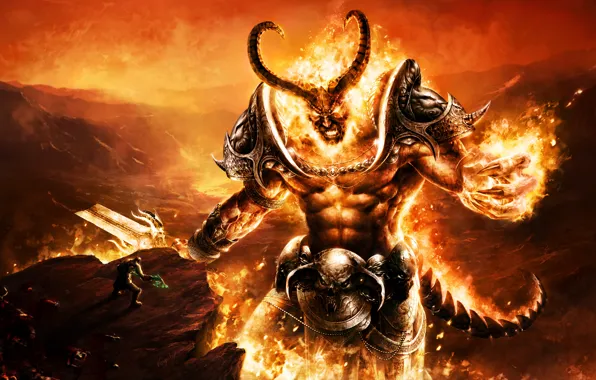 Fire, skull, flame, sword, WoW, Warcraft, horns, armor