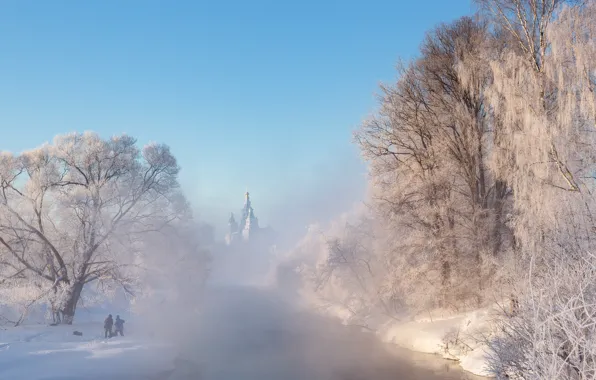 Картинка зима, иней, снег, деревья, пейзаж, природа, туман, река