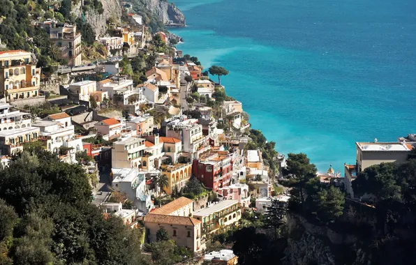Картинка город, фото, побережье, дома, Италия, сверху, Amalfi
