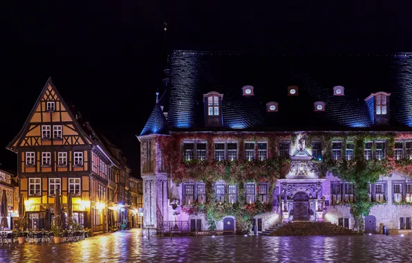Картинка ночь, огни, дома, Германия, площадь, фонари, Quedlinburg