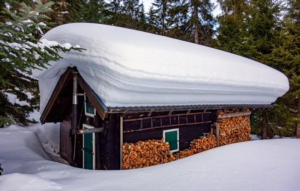 Картинка зима, снег, горы, Австрия, дрова, домик, поленница