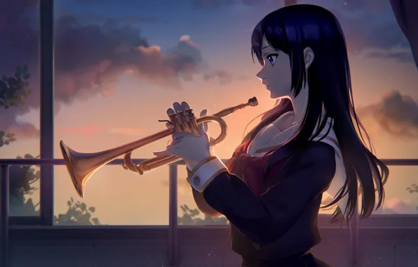 Music, girl, school uniform, long hair, sunset, anime, blue eyes, evening