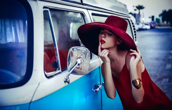 Девушка, поза, стиль, модель, шляпа, руки, микроавтобус, зеркальце