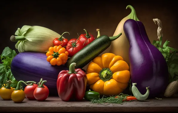 Зелень, яркие, доски, еда, кукуруза, урожай, баклажаны, перец