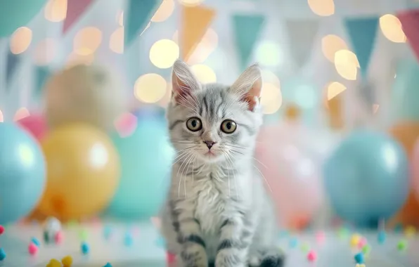 Кошка, взгляд, поза, котенок, серый, праздник, шары, мордашка