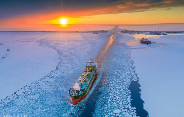 Море, закат, лёд, Санкт-Петербург, залив, Россия, судно, Финский залив