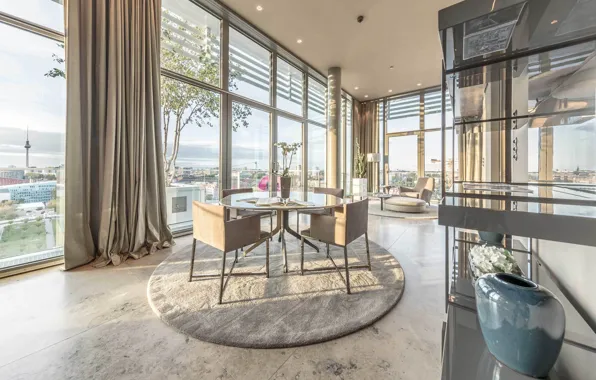 Интерьер, пентхаус, мегаполис, гостиная, столовая, penthouse in Berlin