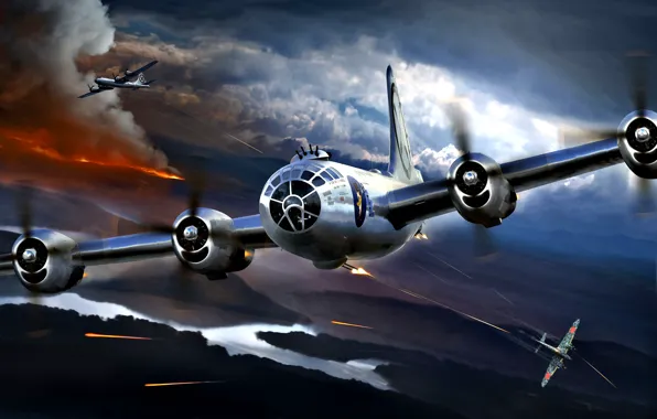 Картинка пожар, дым, театр, Boeing, бомбардировщик, Superfortress, японский, истребитель-перехватчик