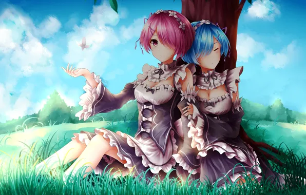 Девушки, дерево, демоны, anime, art, сёстры, Ram, горничные