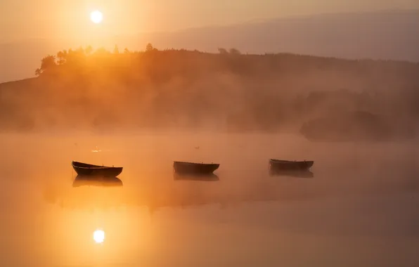 Пейзаж, туман, озеро, лодки, утро