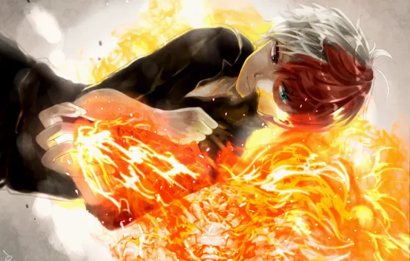 Огонь, аниме, парень, Boku no Hero Academia, Todoroki Shouto, Pixiv