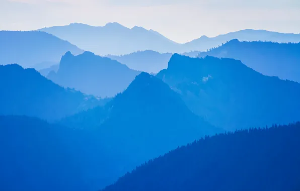 Картинка горы, утро, дымка, туманы, синий туман