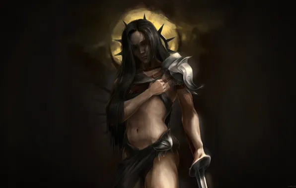 Девушка, Ночь, Луна, Меч, Арт, Art, Knight, madeinkipish