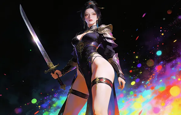 Girl, sword, weapon, brunette, asian, ai art