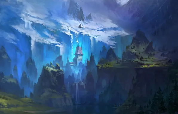 Картинка снег, деревья, горы, дом, река, холмы, арт, нарисованный пейзаж