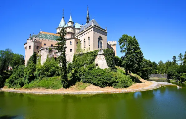 Картинка зелень, деревья, пруд, замок, кусты, ров, Словакия, Castle Bojnice