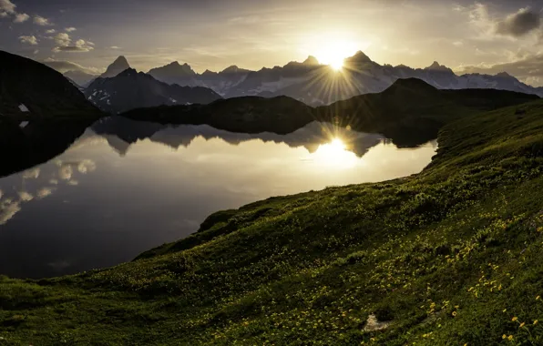 Закат, горы, озеро, Швейцария, Альпы, панорама, Switzerland, Alps