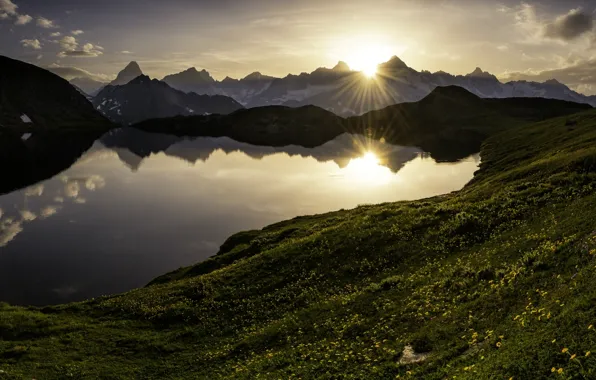 Картинка закат, горы, озеро, Швейцария, Альпы, панорама, Switzerland, Alps