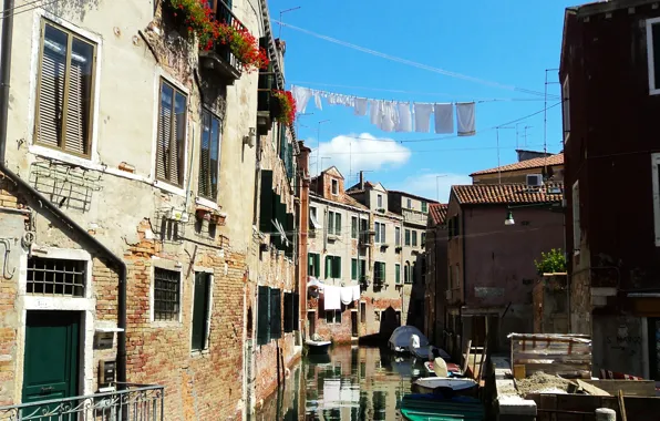 Улица, здания, лодки, Италия, Венеция, канал, бельё, Italy