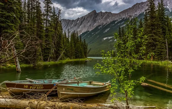 Пейзаж, горы, тучи, природа, озеро, лодки, Канада, Jasper