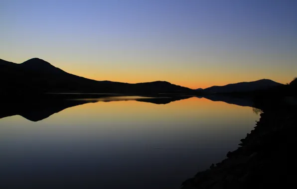 Twilight, lake, hills, dusk, silhouettes