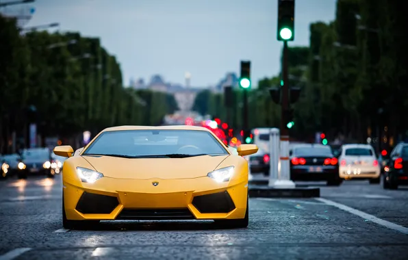 Картинка Lamborghini, Paris, yellow, aventador