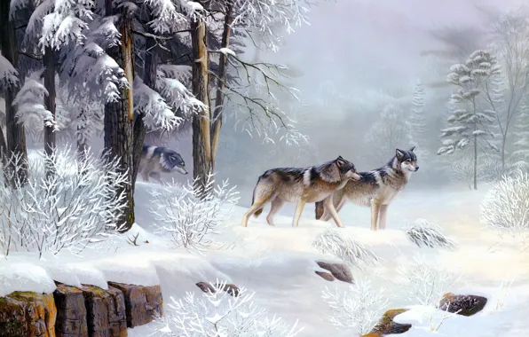 Холод, зима, лес, животные, утро, волки, живопись, Morning Solitude