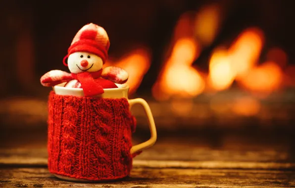 Новый Год, Рождество, чашка, снеговик, камин, Christmas, cup, Merry Christmas