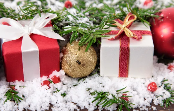 Картинка снег, шары, Новый Год, Рождество, подарки, merry christmas, decoration, xmas