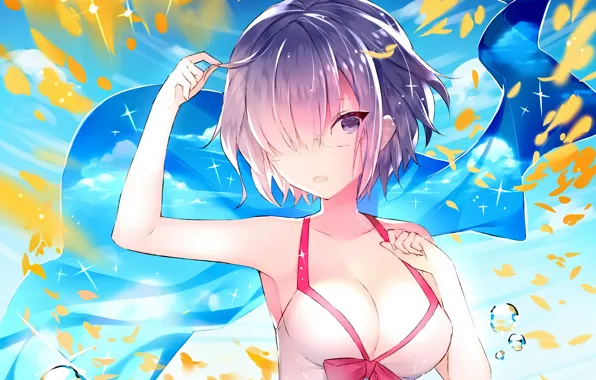 Girl, sexy, cleavage, boobs, anime, beautiful, short hair, purple eyes