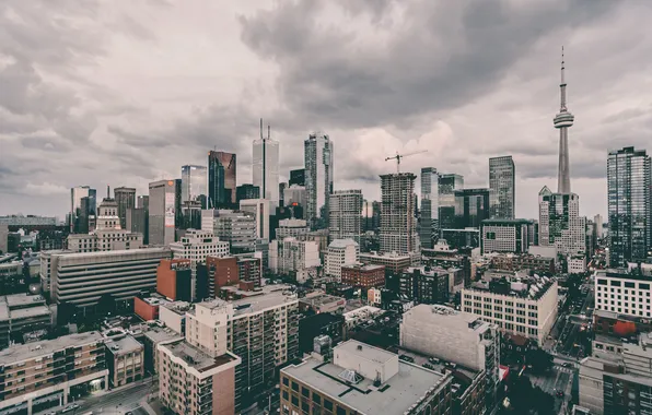 Облака, люди, кран, крыши, знаки, Канада, Онтарио, Торонто