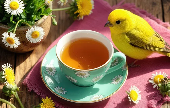 Cup, tea, chamomile, canary