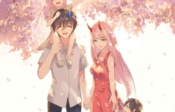 Девушка, любовь, дети, весна, сакура, семья, 002, Darling In The Frankxx