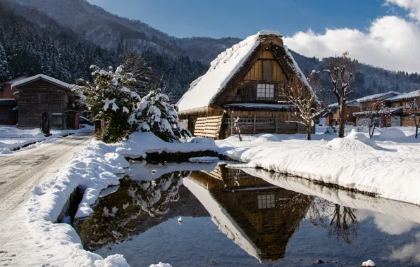 Картинка зима, вода, облака, снег, деревья, горы, дом, отражение