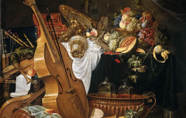 Картинка картина, фрукты, Натюрморт, музыкальные инструменты, Корнелис де Хем