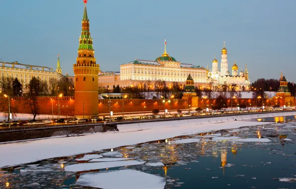 Лед, зима, city, река, Москва, Кремль, Россия, Russia