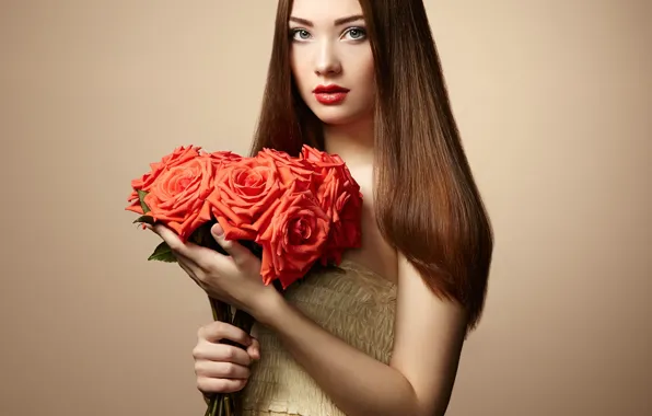 Взгляд, девушка, цветы, поза, фото, модель, волосы, розы