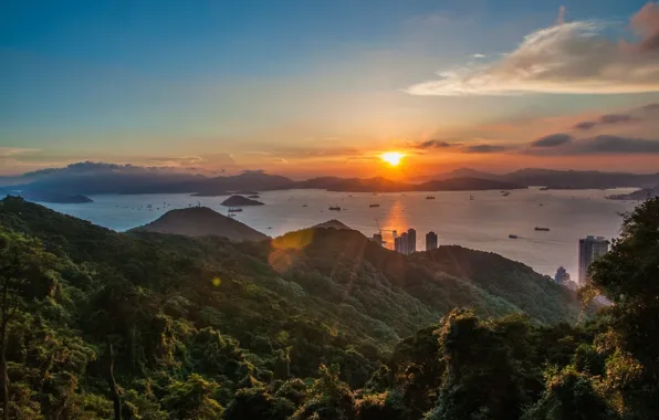 Закат, холмы, Гонконг, панорама, Hong Kong, Repulse Bay, залив Рипалс, островки