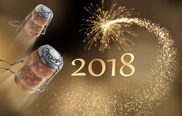 Украшения, ночь, Новый Год, бокалы, шампанское, 2018, New Year, decoration