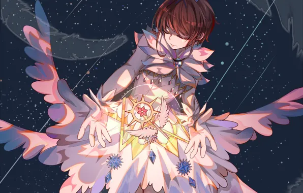Космос, крылья, ангел, перья, девочка, Card Captor Sakura, Сакура - собирательница карт