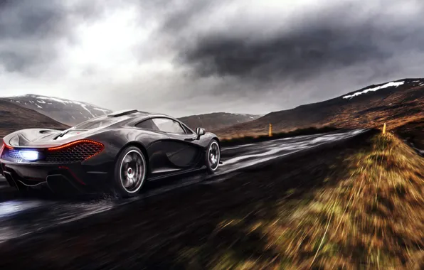 Картинка McLaren, Clouds, Fire, Black, Rain, Road, Supercar, Exhaust