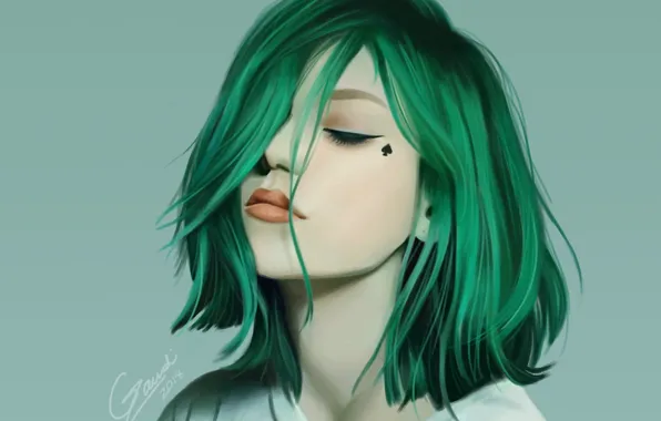 Картинка лицо, стрижка, зеленые волосы, челка, закрытые глаза, портрет девушки