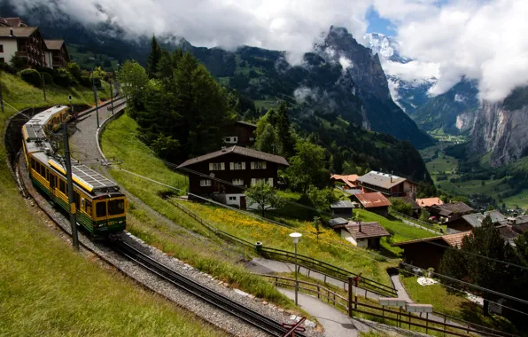 Картинка облака, деревья, горы, поезд, дома, Швейцария, долина, склон