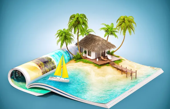 Картинка море, солнце, дом, тропики, пальмы, креатив, фон, остров