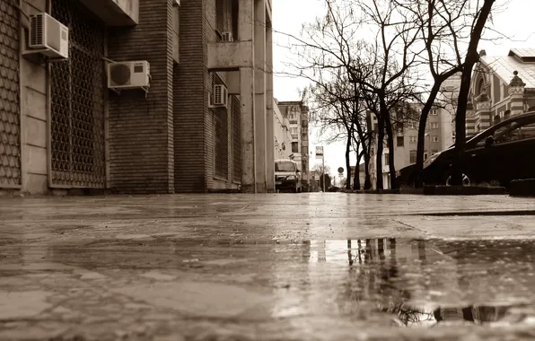 Картинка город, улица, сепия, rainy day