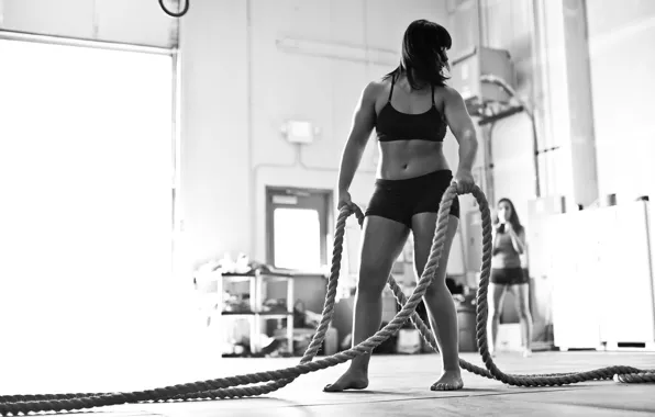 Woman, black and white, crossfit, thick ropes